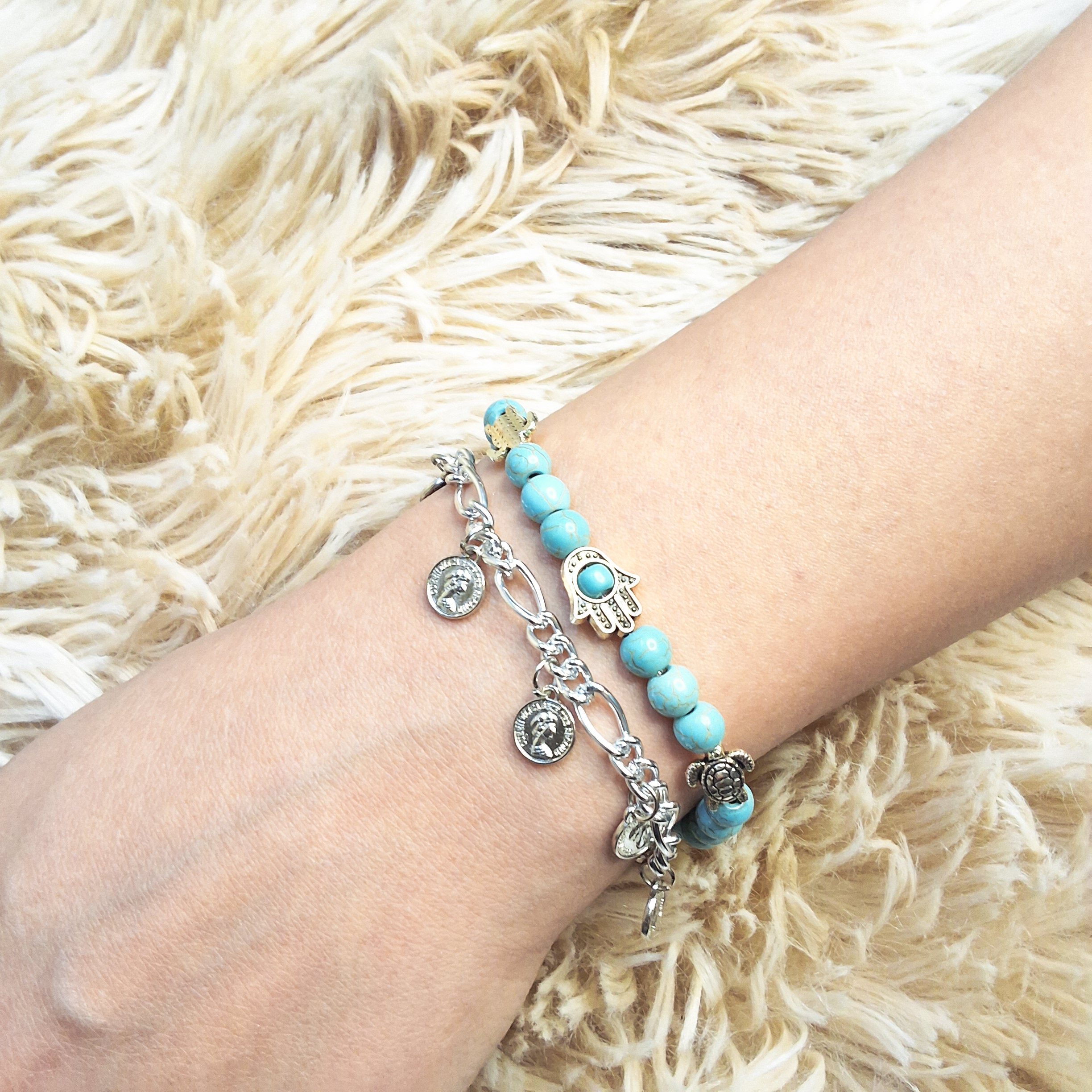 أسوارة فيروز مزدوجة مع سلسلة وليرات فضية