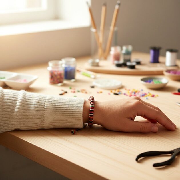 أسوارة خرز أسطواني ملون على معصم عارضة فوق طاولة عمل.