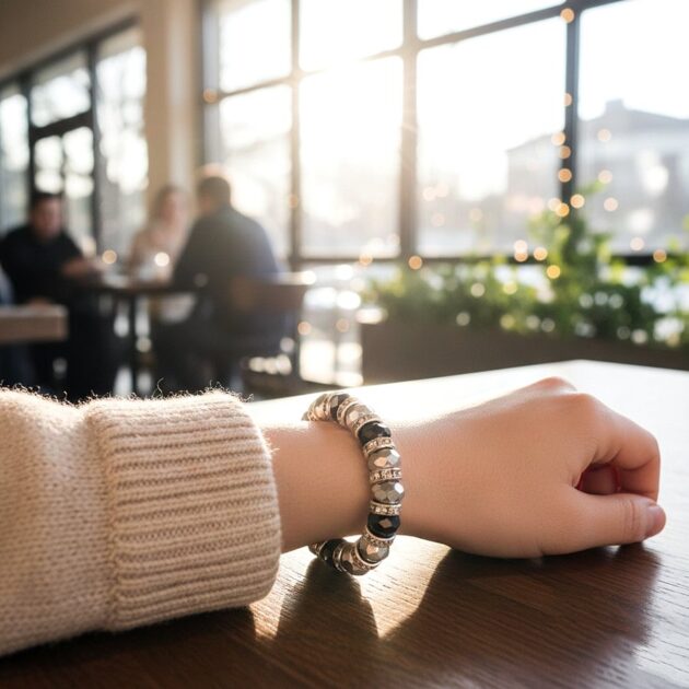 أسوارة خرز مضلع رمادي وأسود بفواصل كريستالية لامعة على معصم عارضة