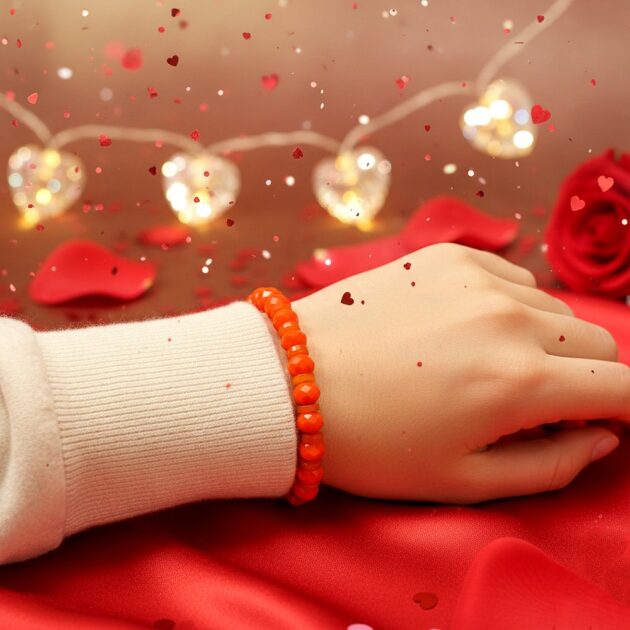 أسوارة ناعمة من خرز الكريستال باللون البرتقالي اللامع تظهر على معصم يد عارضة من مجموعة متجر أميز شي