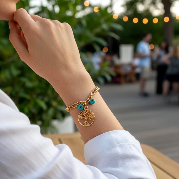 أسوارة ذهبية بقلادة شجرة الحياة وفصوص فيروزية على معصم عارضة في حديقة