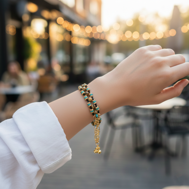 أسوارة مزدوجة بأحجار رملية وفيروزية وقلادة ذهبية على معصم عارضة في الهواء الطلق