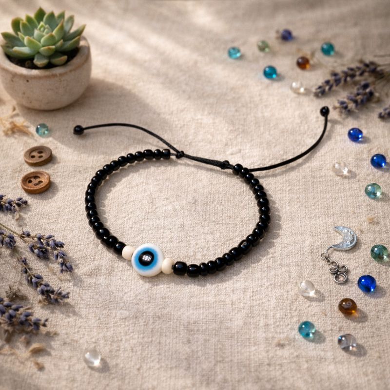 أسوارة خيط أسود مشغولة باليد مع خرزة العين الزرقاء