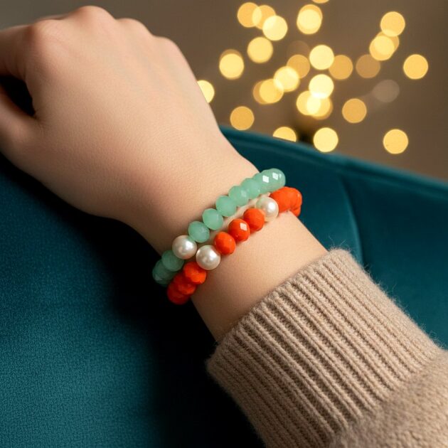 أسوارة كريستال مزدوجة برتقالية وخضراء على معصم عارضة ترتدي كنزة صوفية