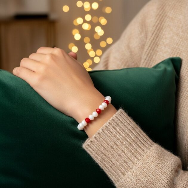 أسوارة خرز أحمر وأبيض يدوية على معصم عارضة بخلفية خضراء