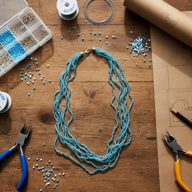 طوق كريستال سماوي متعدد الطبقات مصنوع يدوياً موضوع على طاولة خشبية