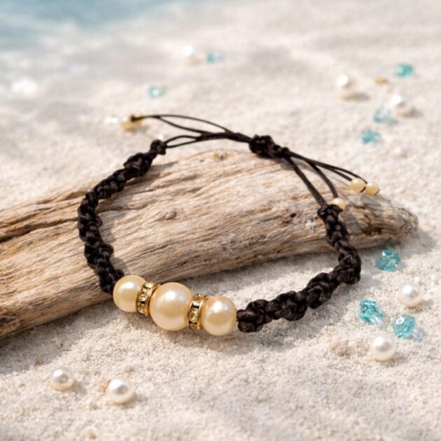 أسوارة خيط ربط أسود بسيطة مزينة بلؤلؤ صناعي