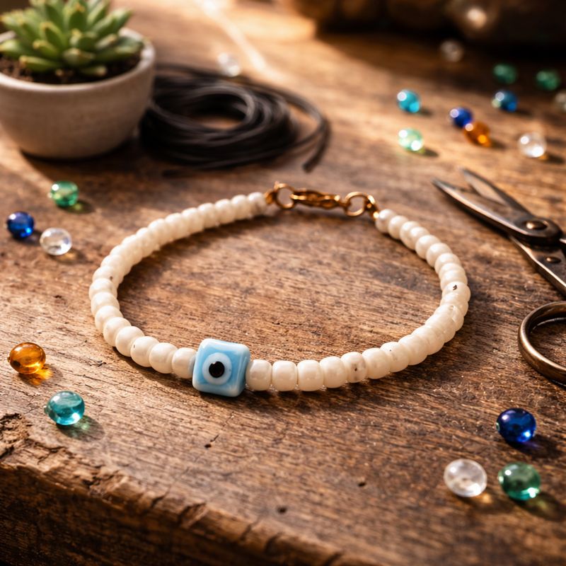 أسوارة لؤلؤ أبيض بخرزة عين زرقاء وقفل ذهبي