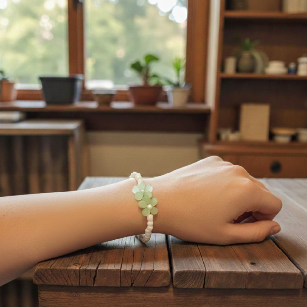 أسوارة خرز بيضاء بزهور خضراء تظهر على معصم يد عارضة فوق طاولة خشبية