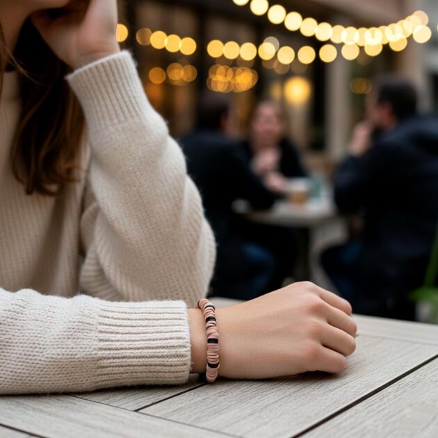 أسوارة خرز مسطح بألوان ترابية على معصم عارضة ترتدي كنزة صوفية بيضاء