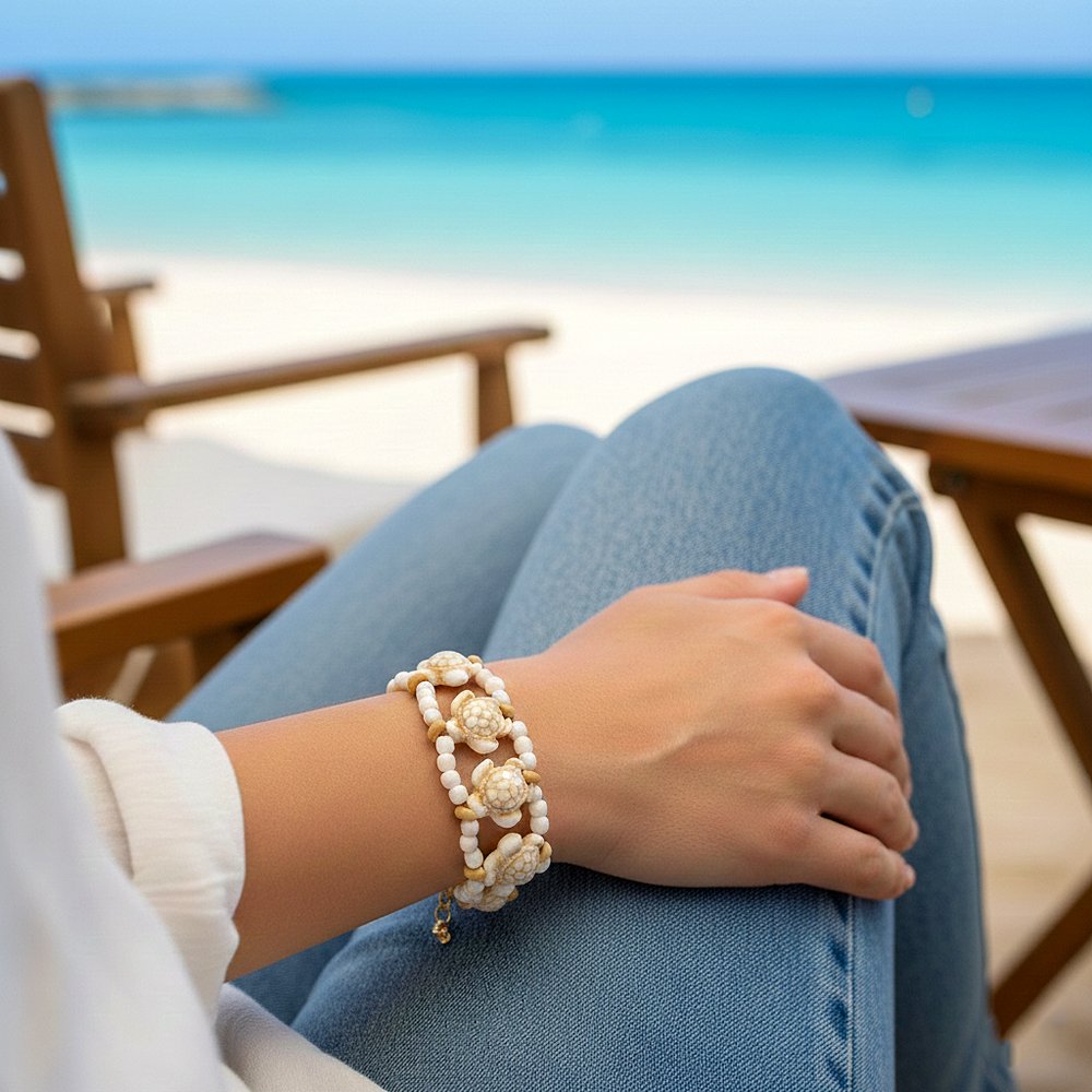 أسوارة خرز بيضاء بسلاحف رخامية على معصم عارضة في الشاطئ
