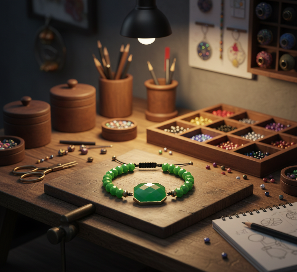 أسوارة خرز أخضر بخيط قابل للتعديل وحجر مركزي - الصورة 2