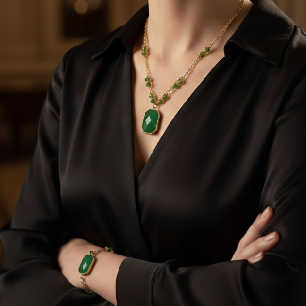 طقم طوق وأسوارة جنزير ذهبي بحجر أخضر مشغول باليد من متجر أميز شي