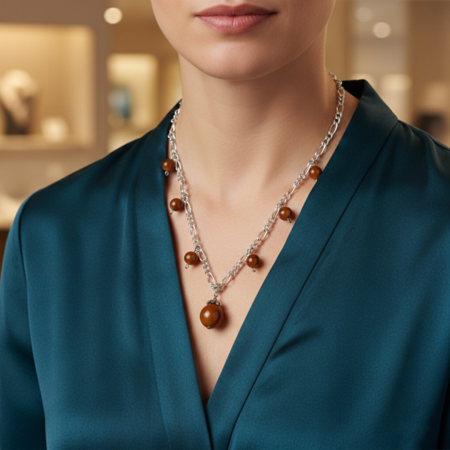 عقد بأحجار بنية وسلسلة فضية