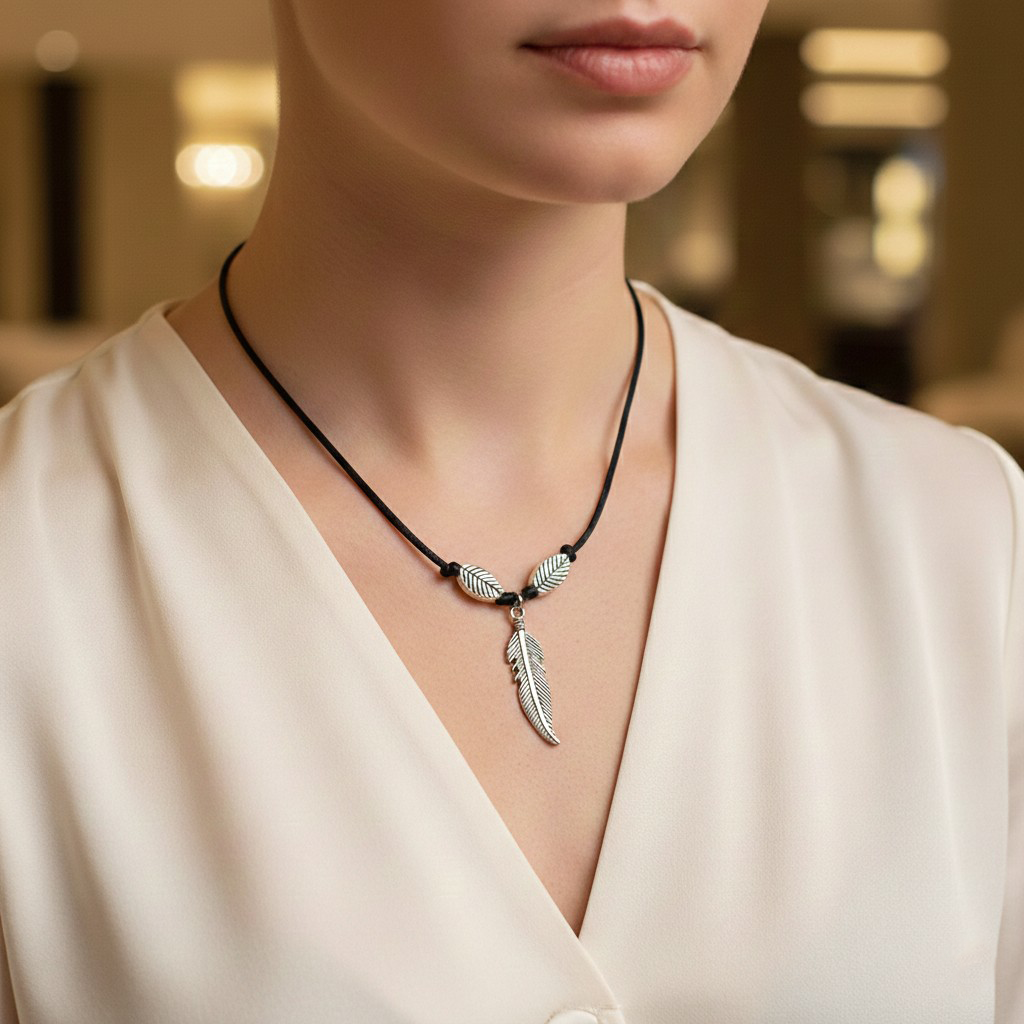 طوق ريشة فضية مع حجر فيروزي ناعم بتصميم أنيق