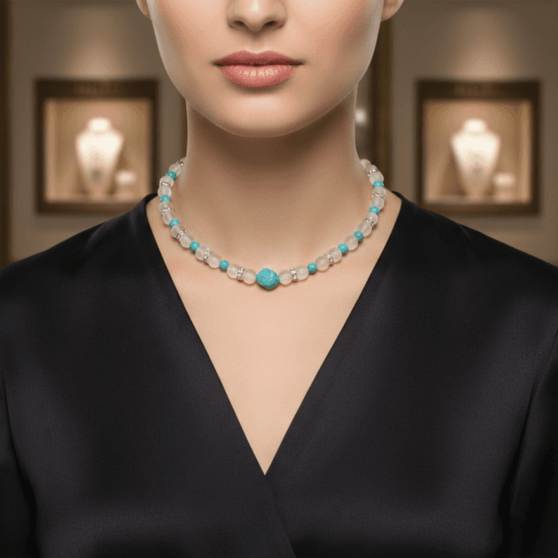 طوق ملكي بأحجار فيروز وكريستال ضبابي على رقبة امرأة