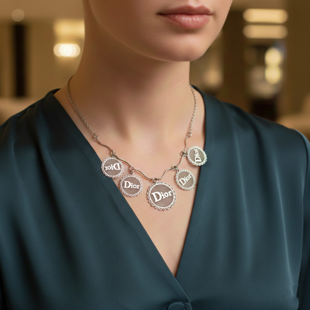 طوق فضي بقلادات دائرية تحمل شعار Dior على رقبة امرأة