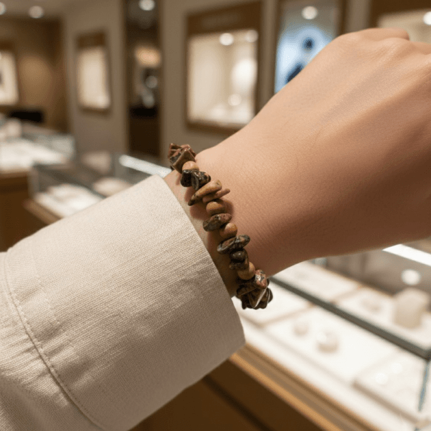 أسوارة من أحجار الجاسبر المكسرة والخرز الخشبي على معصم شخص