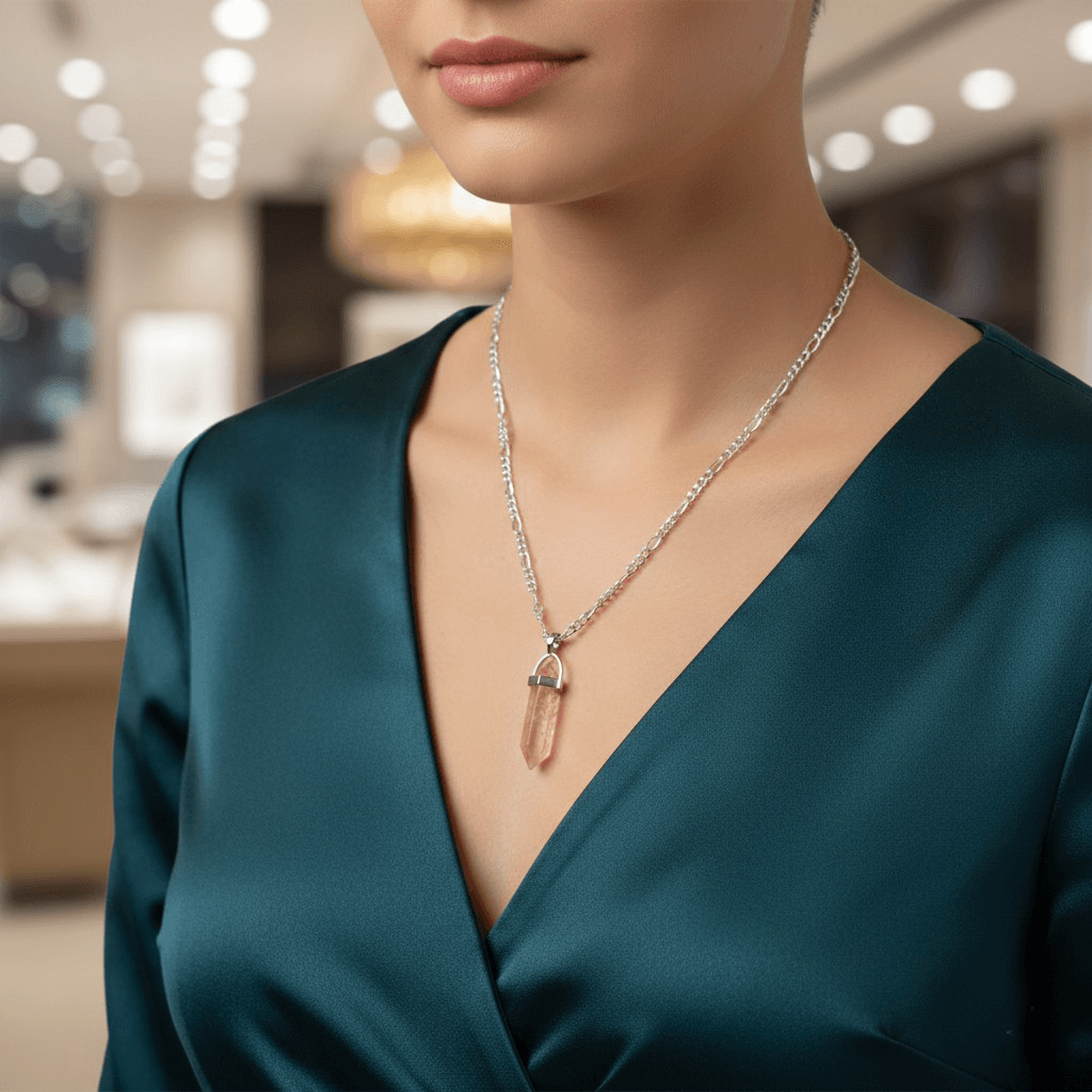 طوق فضي بقلادة حجر كوارتز وردي مدبب على رقبة امرأة