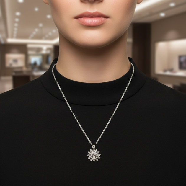 طوق فضي بتعليقة شمس أنيقة على الرقبة