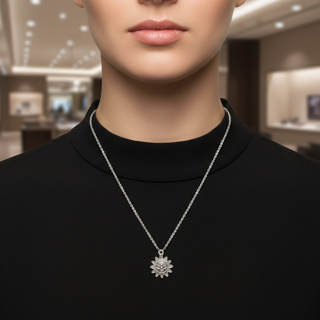 طوق فضي بتعليقة شمس أنيقة على الرقبة