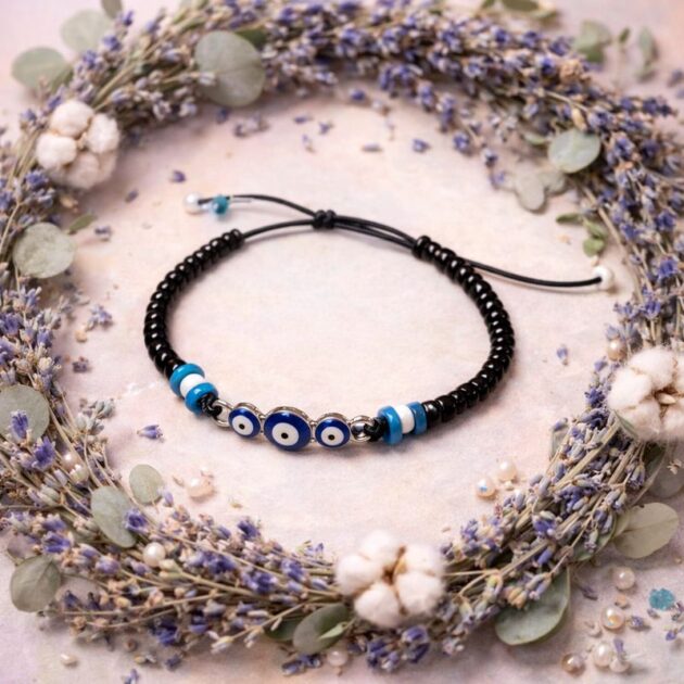 أسوارة خيط سحب بخرز أسود ناعم وخرز عين أزرق