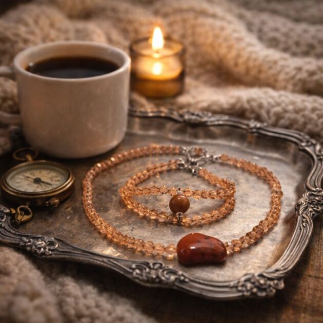 طقم طوق مع أسوارة خرز كريستال عسلي بحجر العقيق المميز