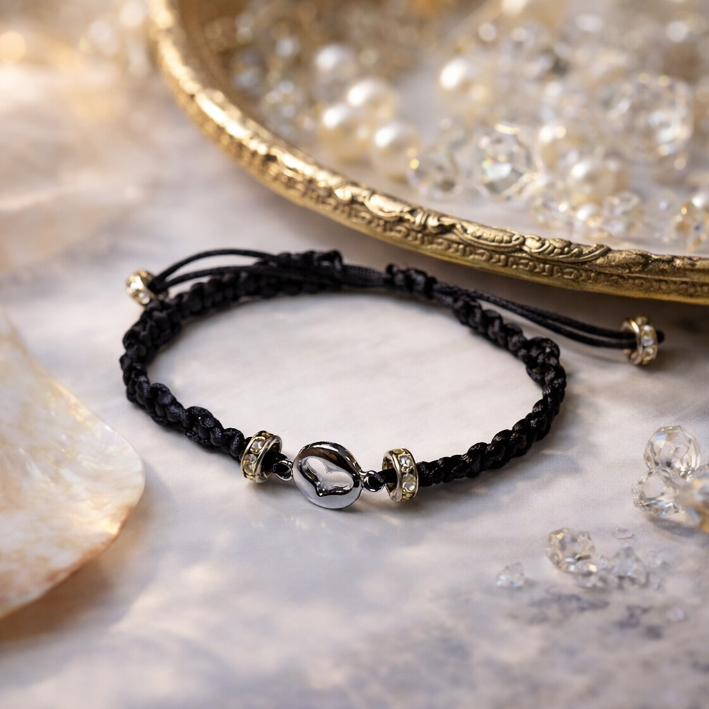 أسوارة خيط سحب أسود يتوسطها تعليقة فضية