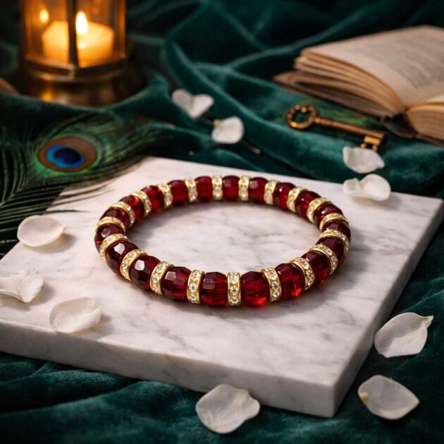أسوارة خرز أحمر ياقوتي بفواصل ذهبية