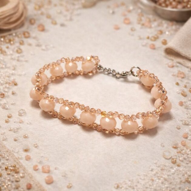 أسوارة خرز لؤلؤي وكريستال بلون مشمشي ناعم