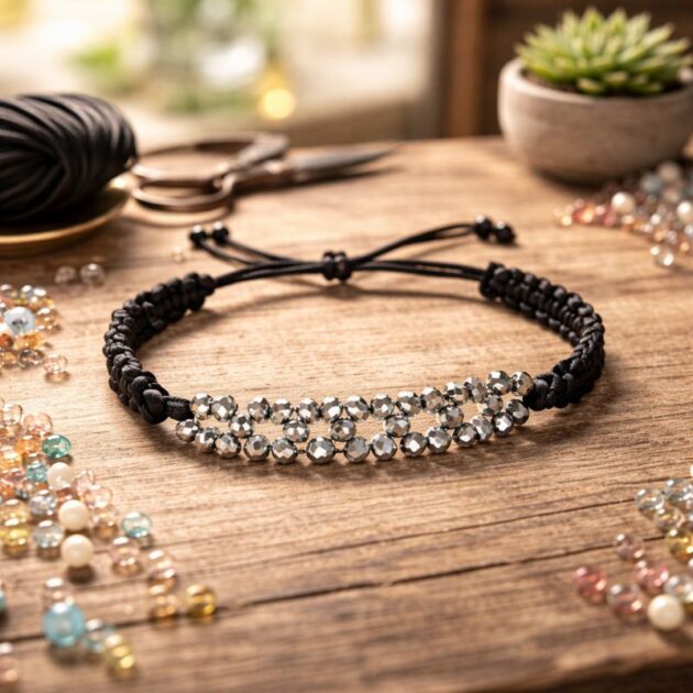 أسوارة خيط سحب أسود بخرز فضي معدني