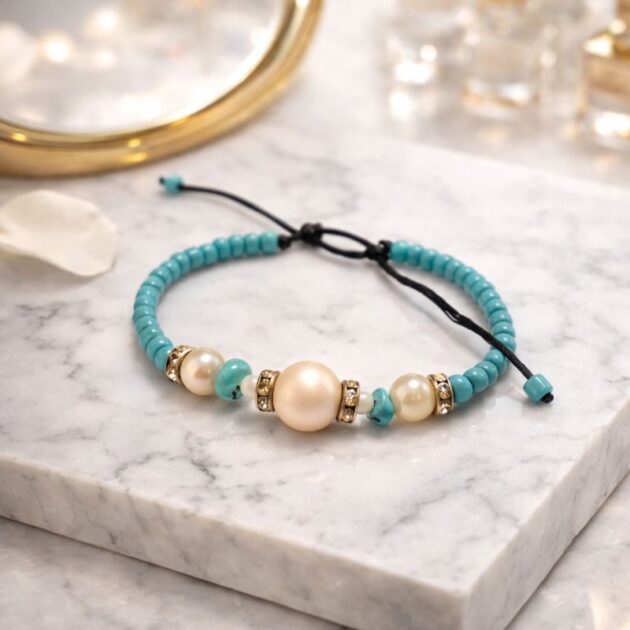 أسوارة خيط سحب بخرز فيروزي ولؤلؤ صناعي