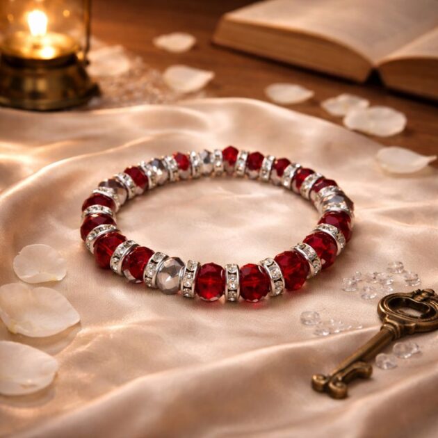 أسوارة كريستال أحمر ملكي مشغولة باليد بلمسات فضية براقة