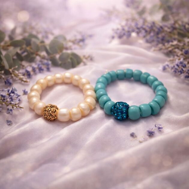 طقم خواتم خيط مطاط مرنة بخرز لؤلؤي وفيروزي جذاب