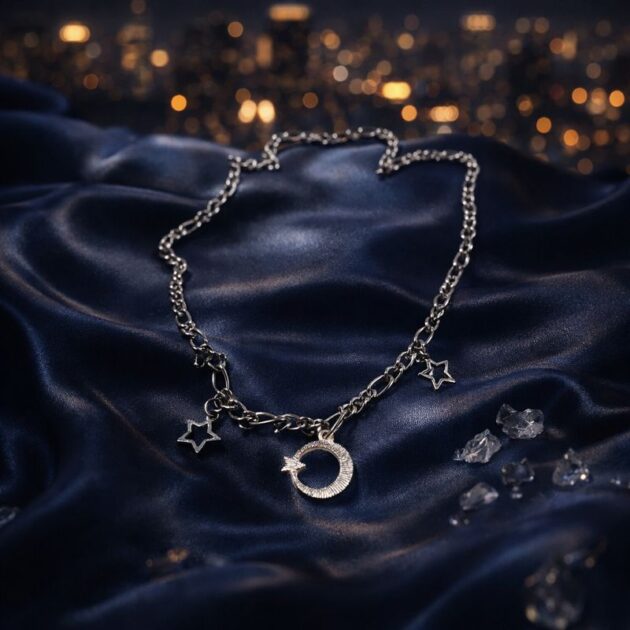 طوق جنزير فضي ناعم بتعليقات الهلال والنجوم المتميزة