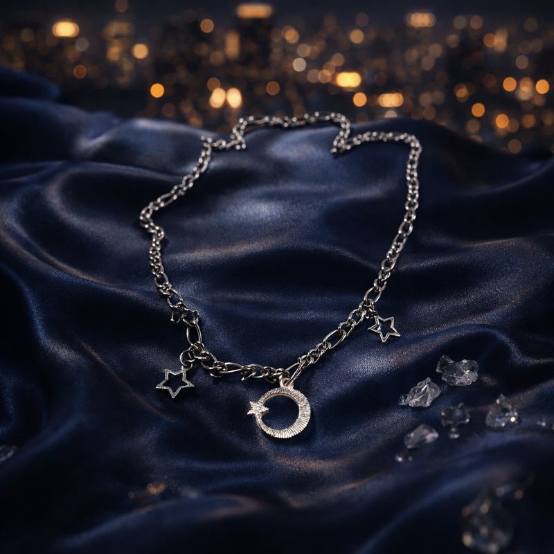 طوق جنزير فضي ناعم بتعليقات الهلال والنجوم المتميزة