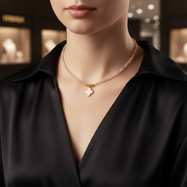 طوق خرز شفاف زهري فاتح مع وردة فان كليف بتصميم ناعم