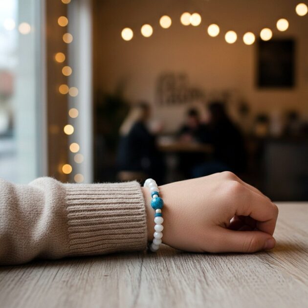 أسوارة خرز مضلع أبيض بقطعة فيروزية دائرية على معصم عارضة.