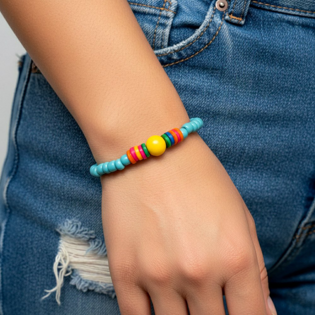أسوارة خرز سماوي بمركز ملون على معصم عارضة ترتدي جينز