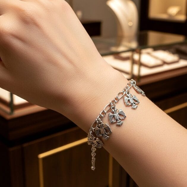 أسوارة فضية بقلادات نسور متدلية على معصم يد نسائية