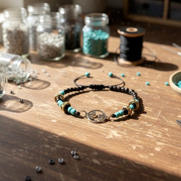 أسوارة فيروزية بقلادة خريطة العالم على طاولة عمل خشبية