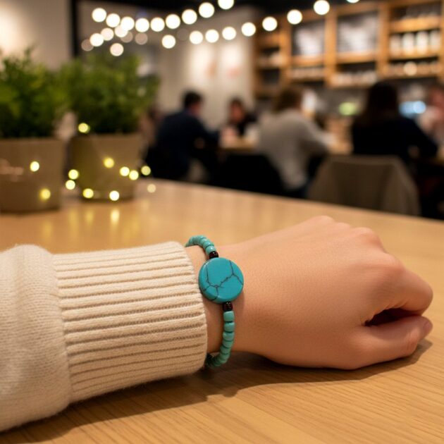 أسوارة خرز فيروزية بقطعة دائرية كبيرة على معصم عارضة في مقهى