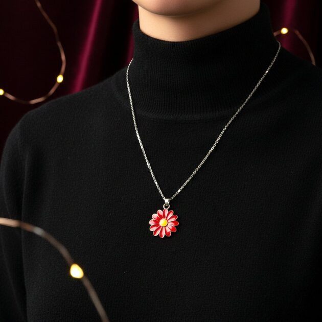 طوق فضي رفيع مع تعليقة زهرة حمراء أنثوية