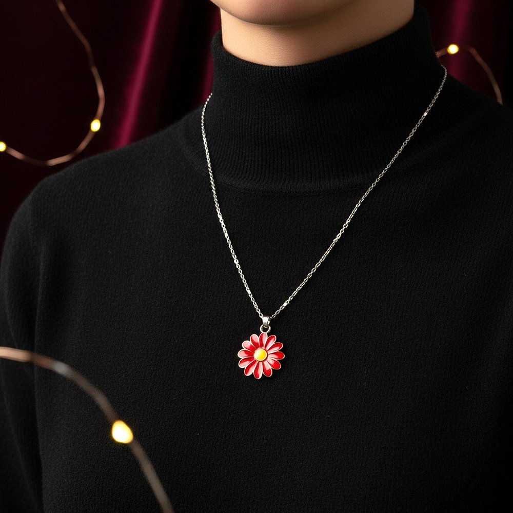 طوق فضي رفيع مع تعليقة زهرة حمراء أنثوية