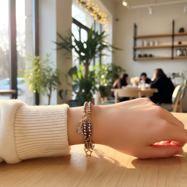 أسوارة هيماتيت مزدوجة بقلادة فراشة ونجمة فضية على معصم عارضة.