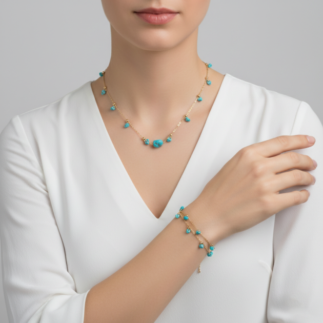 طقم طوق وأسـوارة بتفاصيل فيروزية