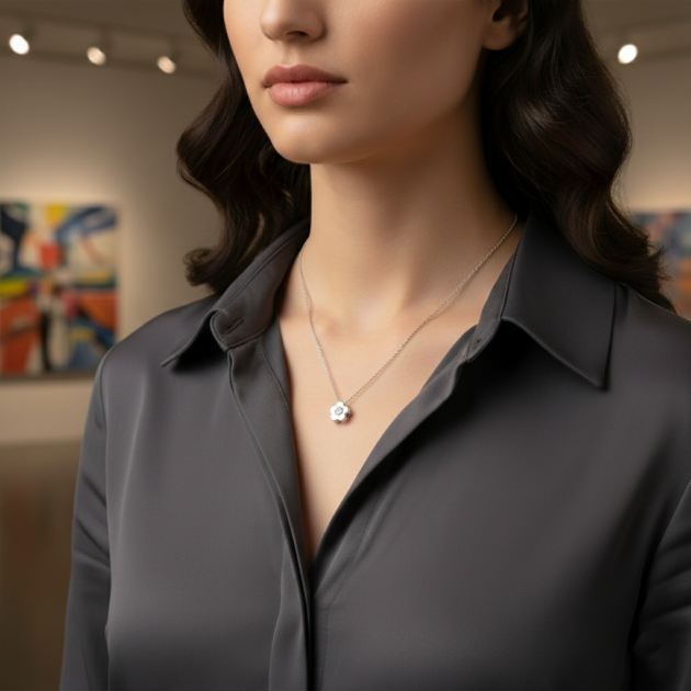 طوق فضي سلسلة ناعمة مع تعليقة وردة شغل يدوي