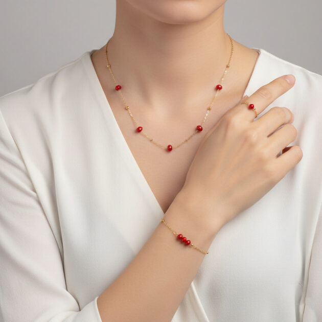 طقم أسوارة وطوق وخاتم بخرز أحمر