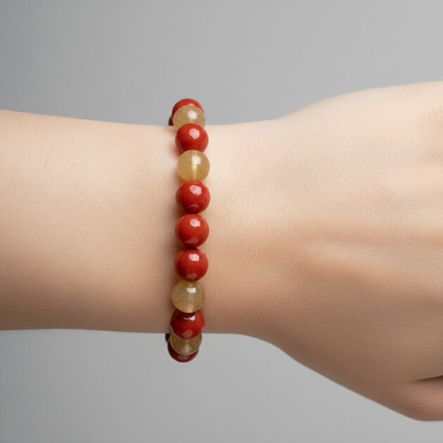 أسوارة حجر طبيعي ملون بدرجات القرميدي والعسلي على المعصم