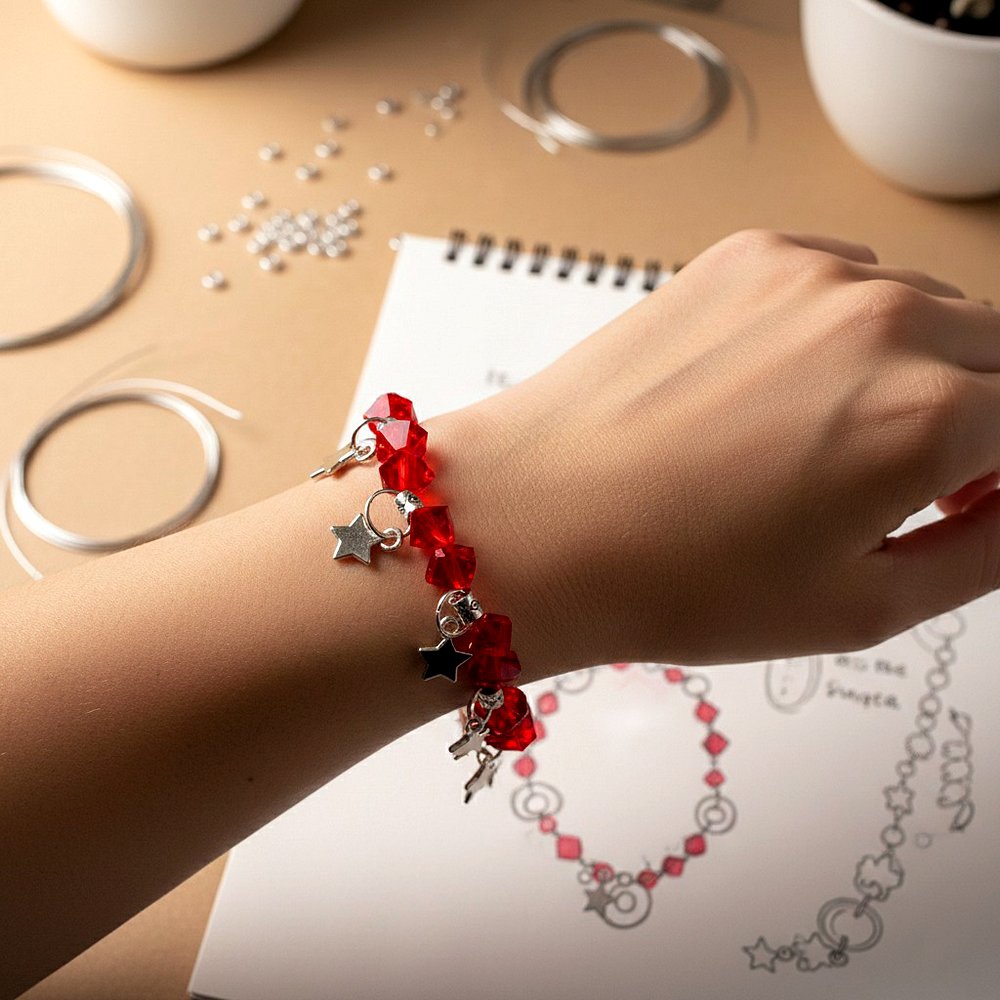 أسوارة كريستال أحمر متوهج بتعليقات النجوم الفضية